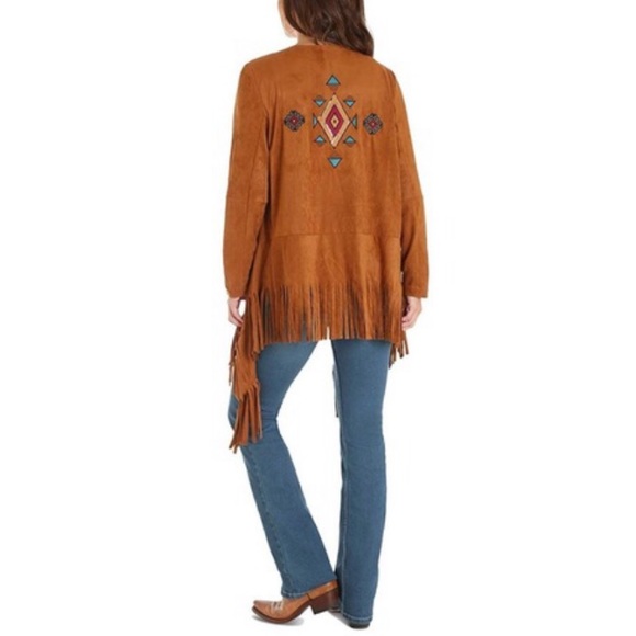 Wrangler Jackets & Blazers - Wrangler Fringe Embroidered Tan Jacket Faux Suede